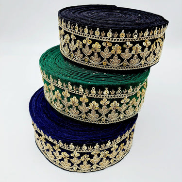 Floral Embroidered Sequins Velvet Trim Indian Sari Border, Sequin Trimming, Sequinned Lace